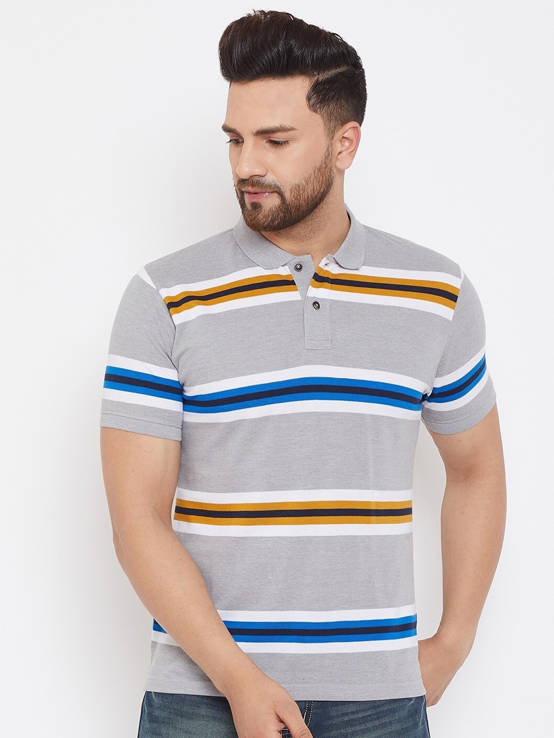 

HARBOR N BAY Striped Polo Collar Cotton T-shirt, Grey