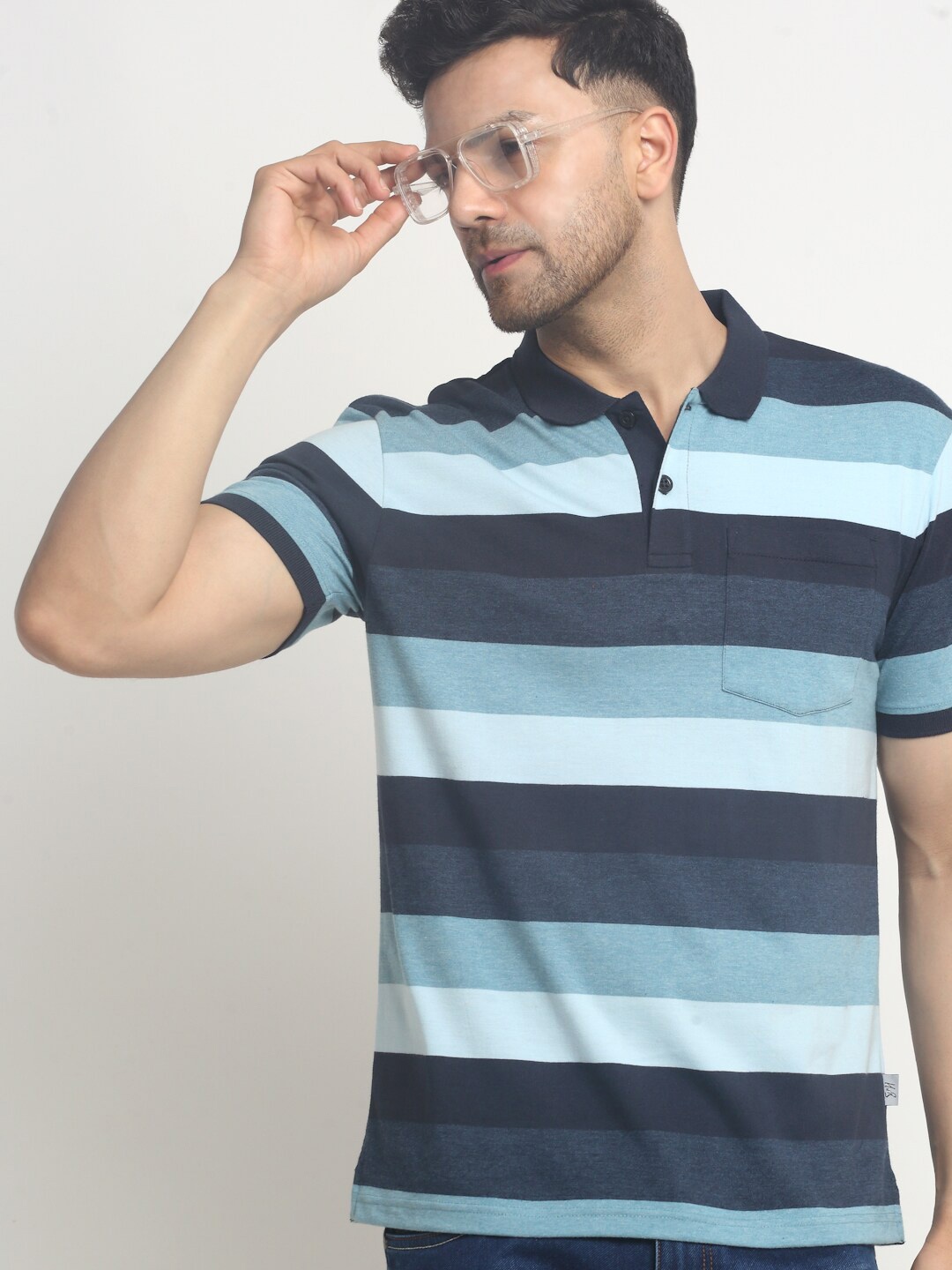 

HARBOR N BAY Striped Polo Collar Cotton T-shirt, Navy blue