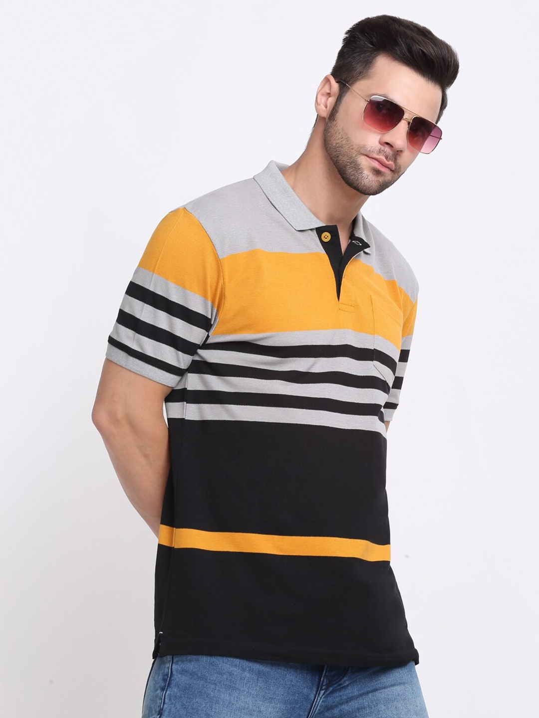 

HARBOR N BAY Striped Printed Polo Collar Cotton Casual T-shirt, Grey