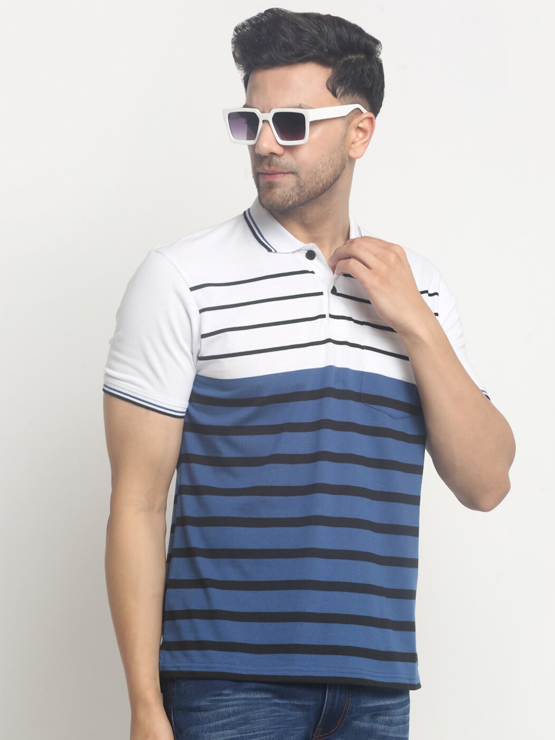 

HARBOR N BAY Striped Printed Polo Collar Cotton Casual T-shirt, White