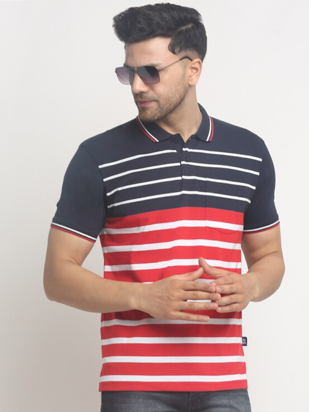 

HARBOR N BAY Striped Polo Collar Cotton T-shirt, Navy blue
