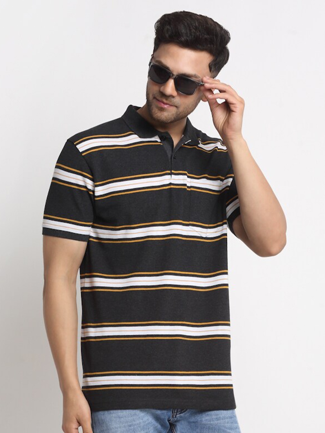 

HARBOR N BAY Striped Cotton Polo Collar T-shirt, Black