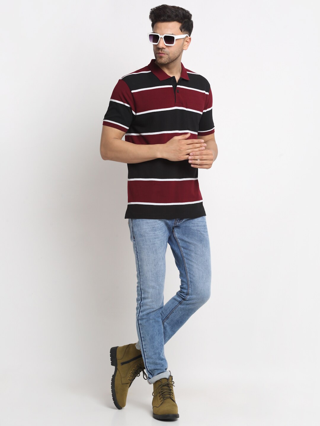 

HARBOR N BAY Striped Polo Collar Cotton T-shirt, Maroon