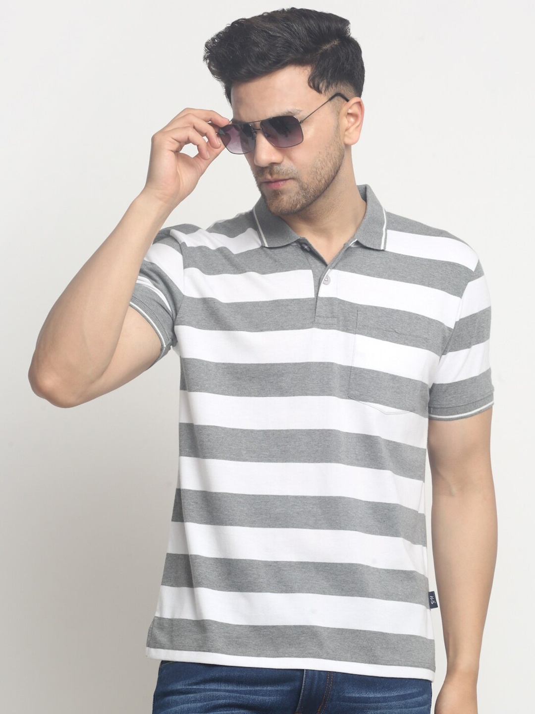 

HARBOR N BAY Striped Cotton Polo Collar T-shirt, White