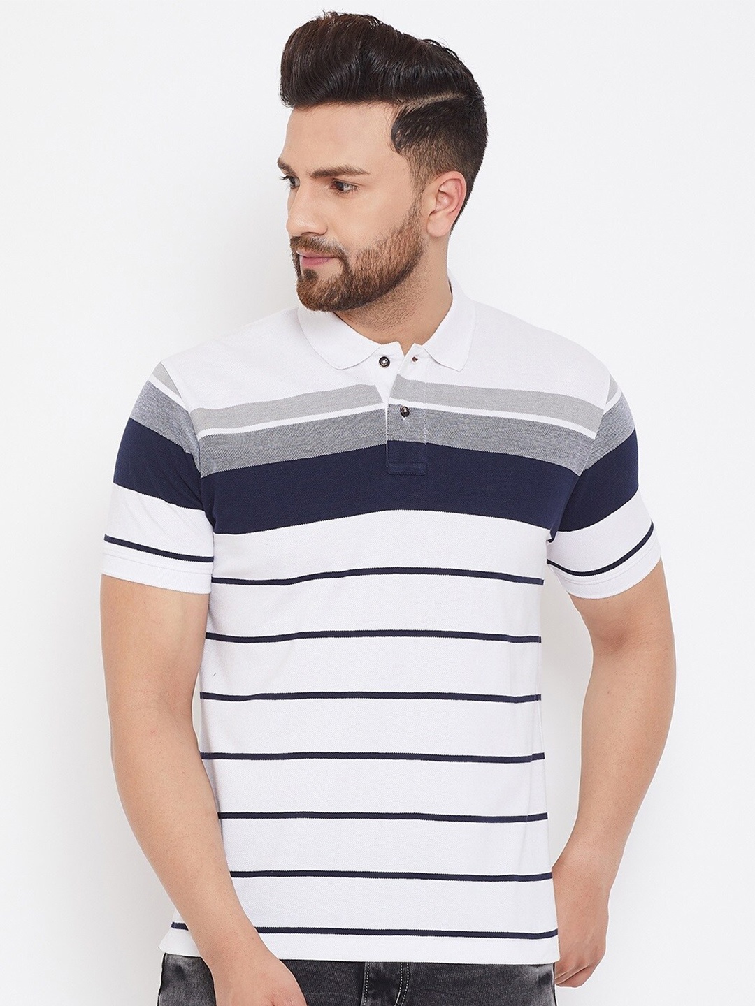 

HARBOR N BAY Striped Printed Polo Collar Cotton Casual T-shirt, Navy blue