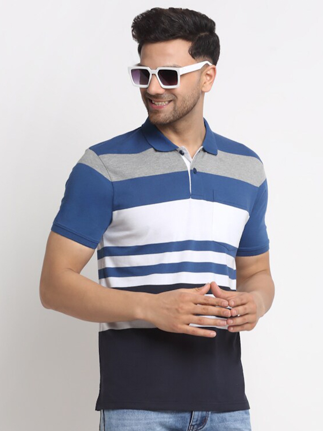 

HARBOR N BAY Striped Polo Collar Cotton T-shirt, Blue