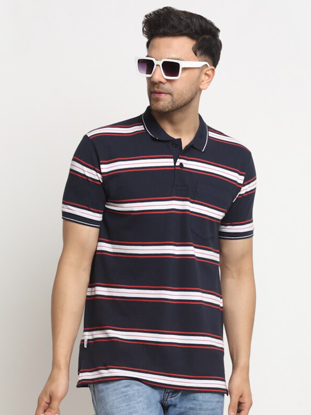 

HARBOR N BAY Striped Polo Collar Cotton T-shirt, Navy blue