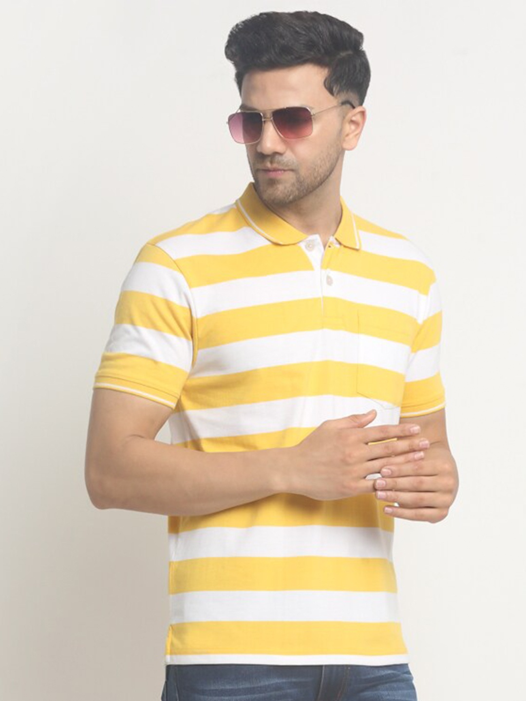 

HARBOR N BAY Striped Cotton Polo Collar T-shirt, Yellow