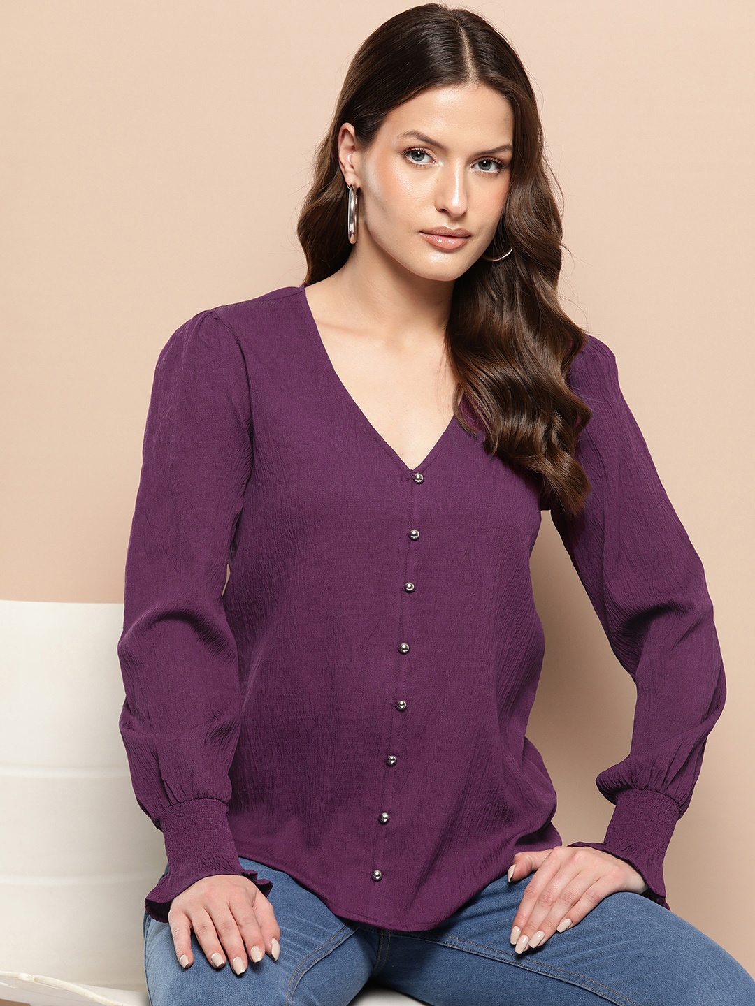 

Chemistry Bishop Sleeves Crepe Shirt Style Top, Purple