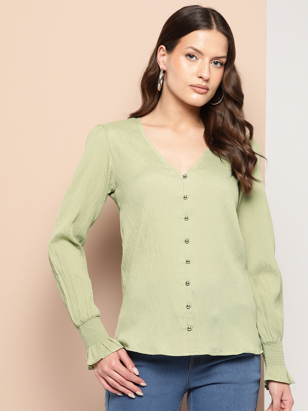 

Chemistry Bishop Sleeves Crepe Shirt Style Top, Sea green