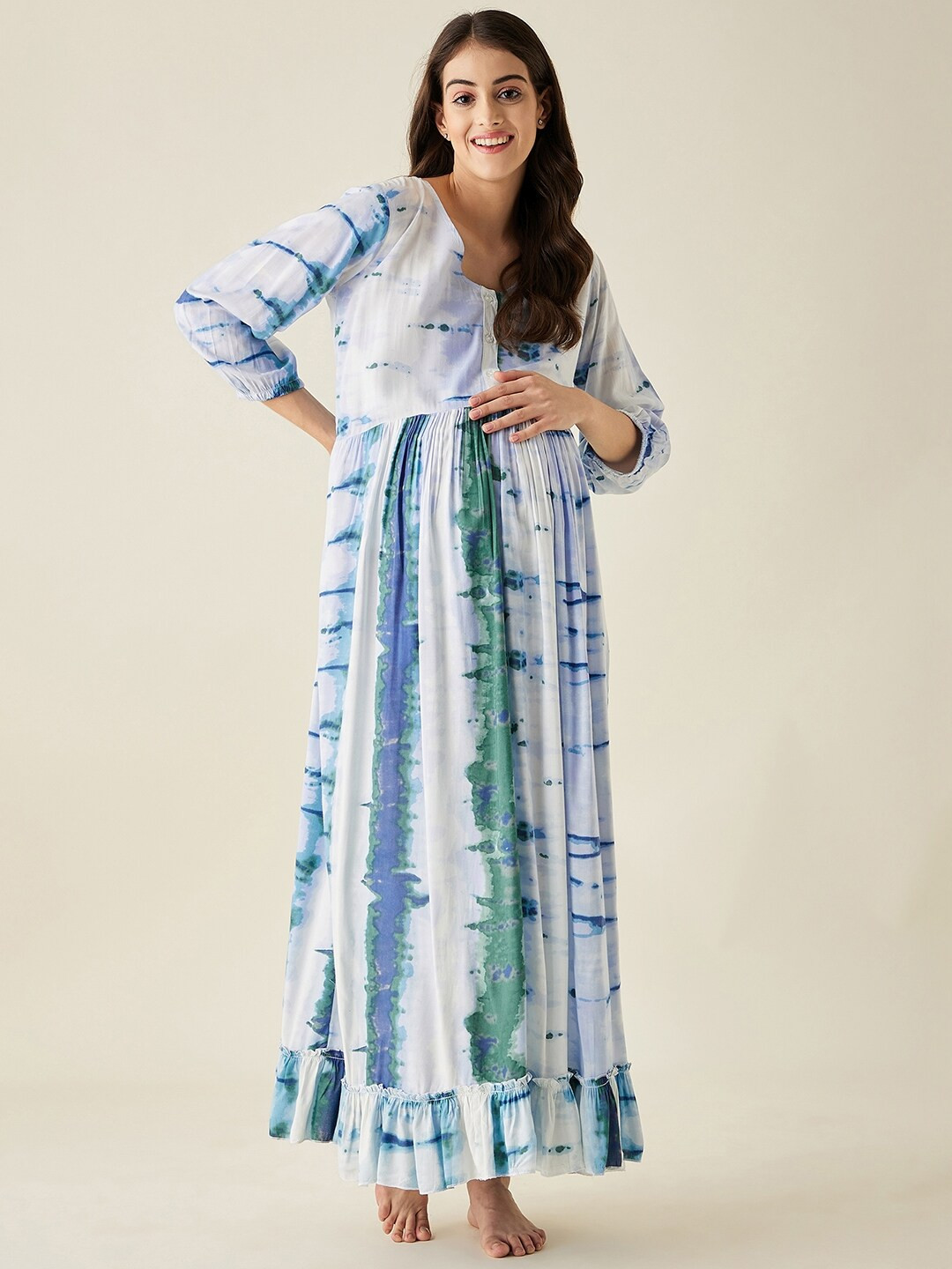 

The Kaftan Company Tie-Dye Printed Maternity Maxi Night Dress, Blue