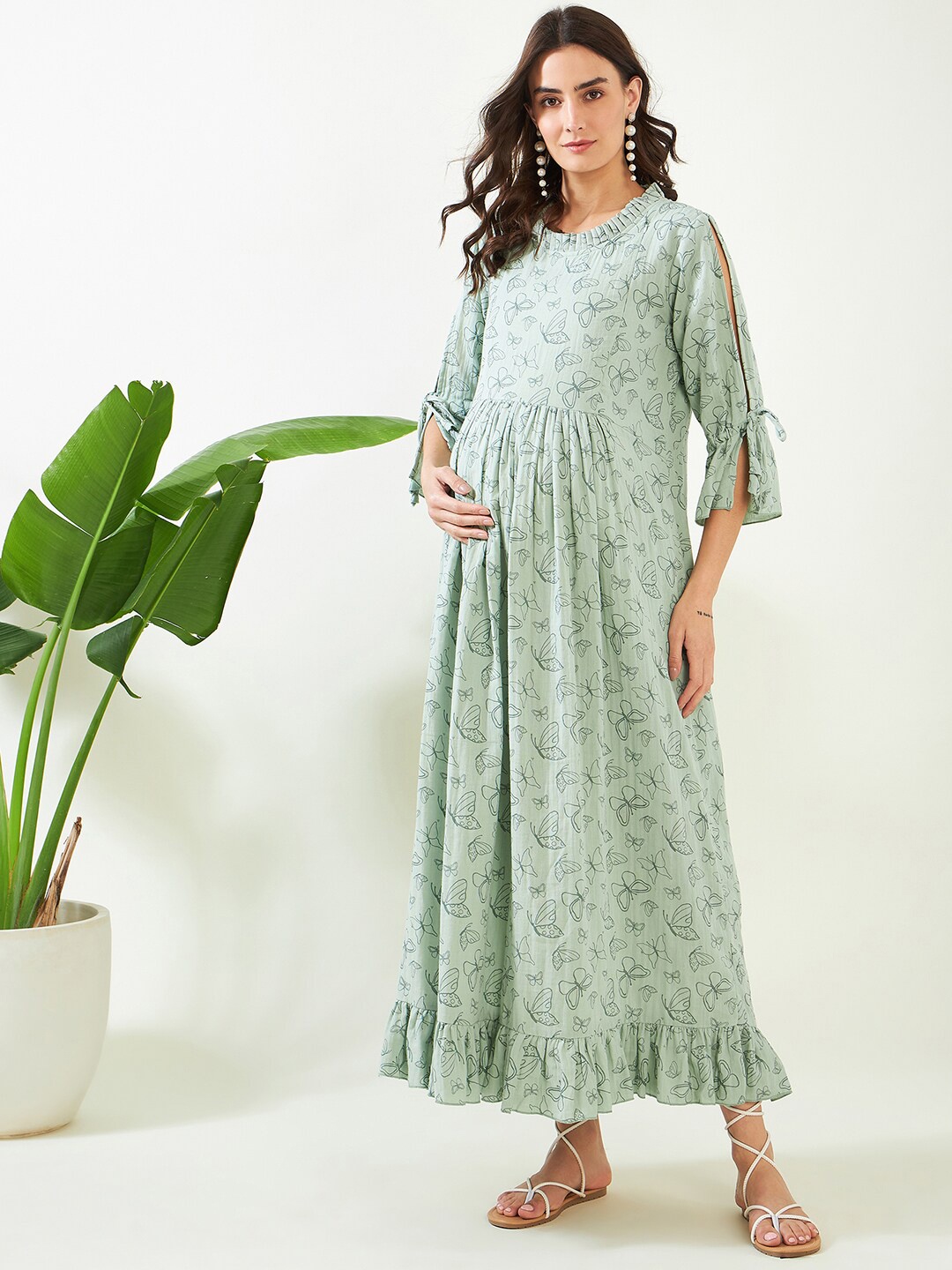 

The Kaftan Company Graphic Printed Maternity Pure Cotton A-Line Nightdress, Green