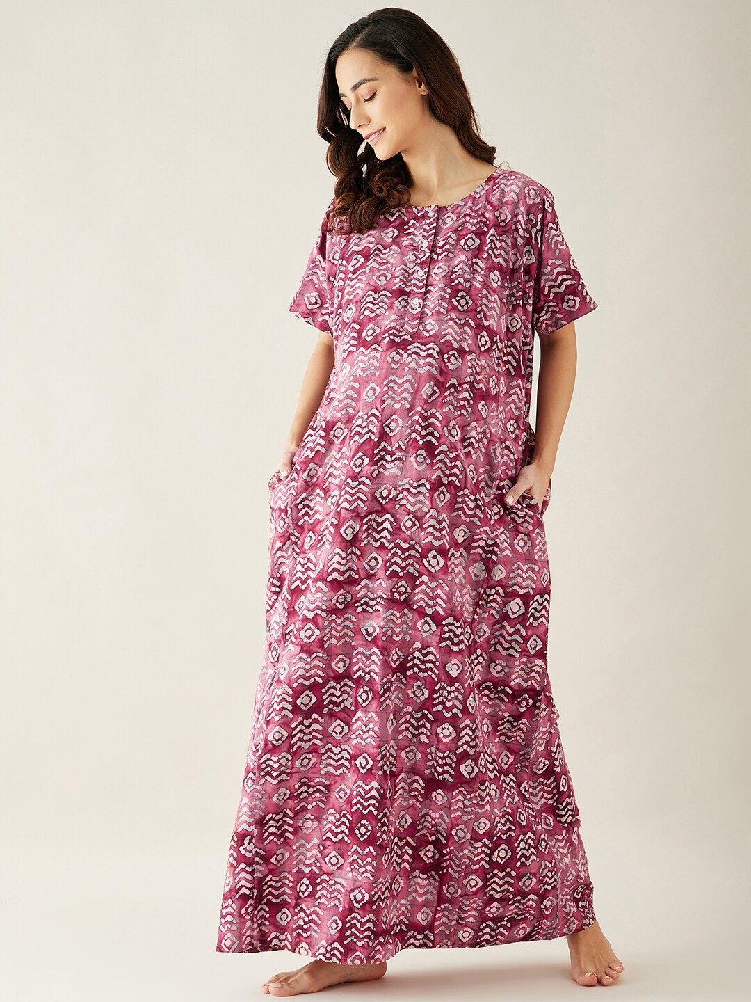 

The Kaftan Company Ethnic Motifs Printed Maxi Pure Cotton Maternity Nightdress, Pink