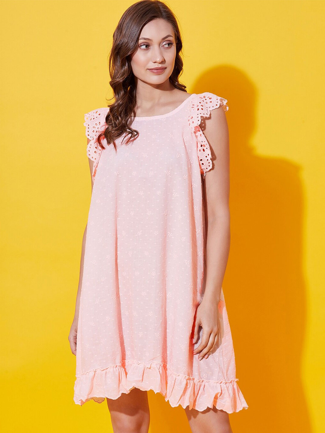 

The Kaftan Company Ethnic Motifs Embroidered Schffli Pure Cotton Nightdress, Pink