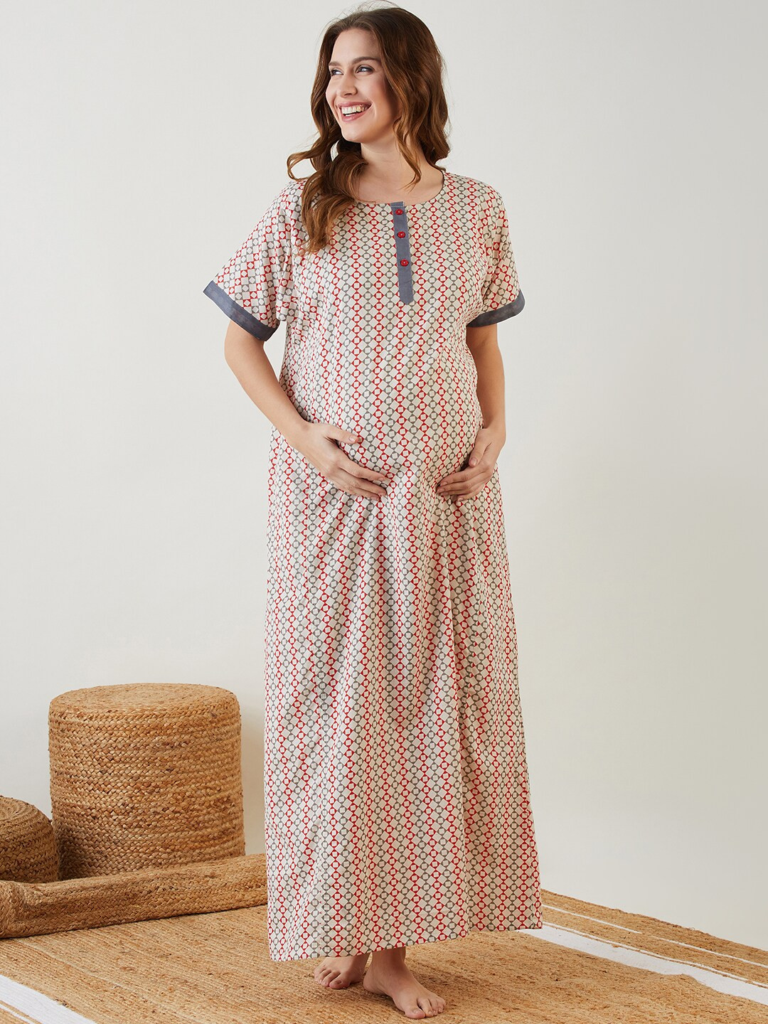 

The Kaftan Company Geometric Printed Maxi Pure Cotton Maternity Nightdress, Off white