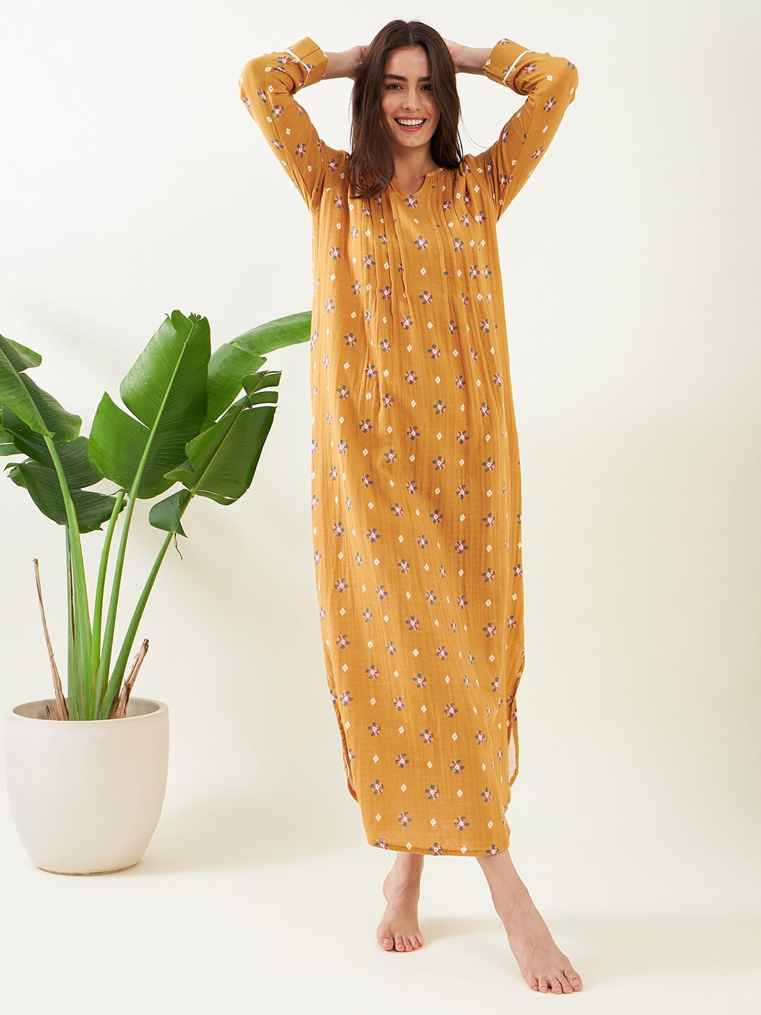 

The Kaftan Company Floral Printed Maxi Pure Cotton Everyday Nightdress, Mustard