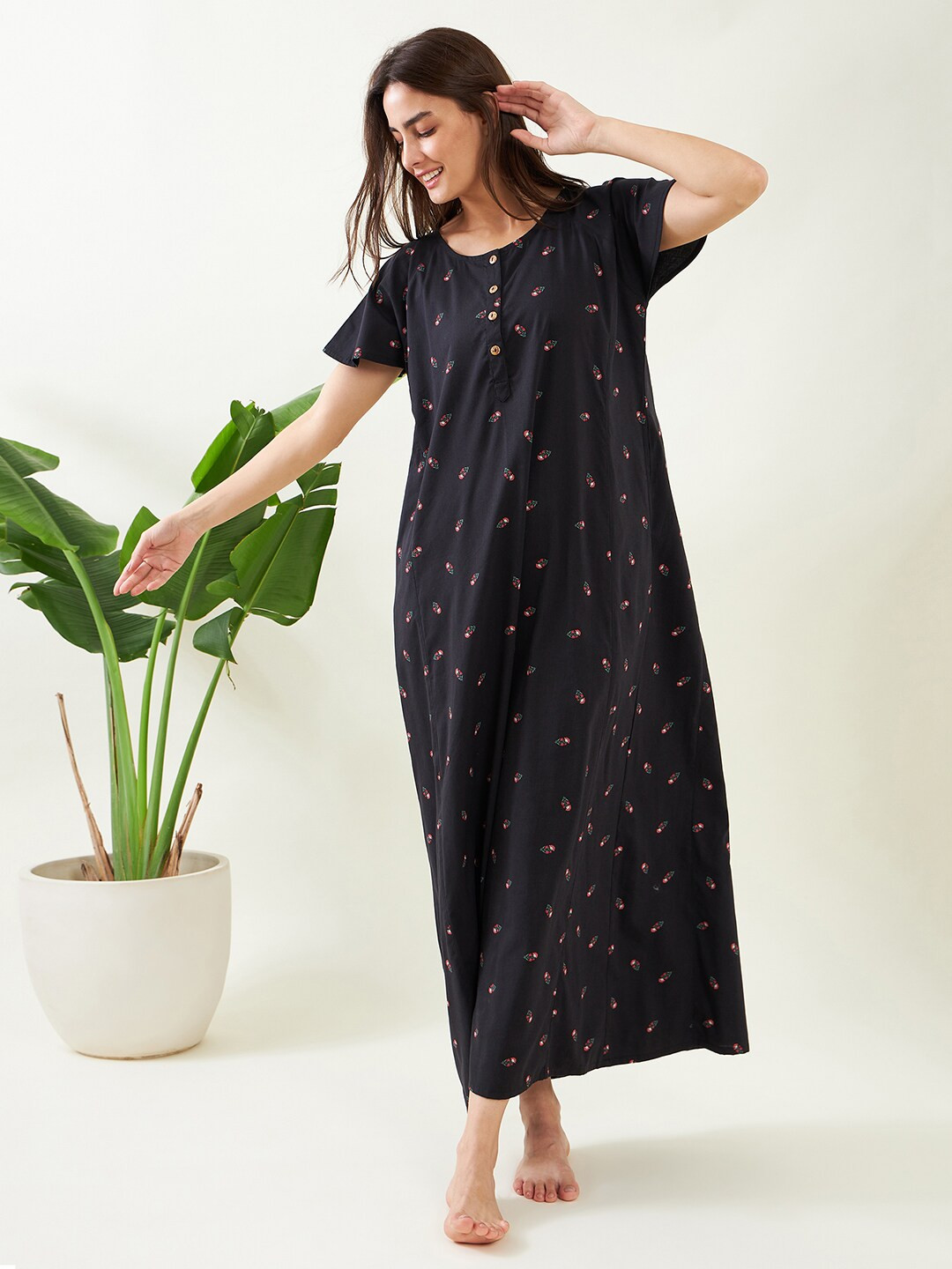 

The Kaftan Company Floral Printed Maxi Everyday Nightdress, Black