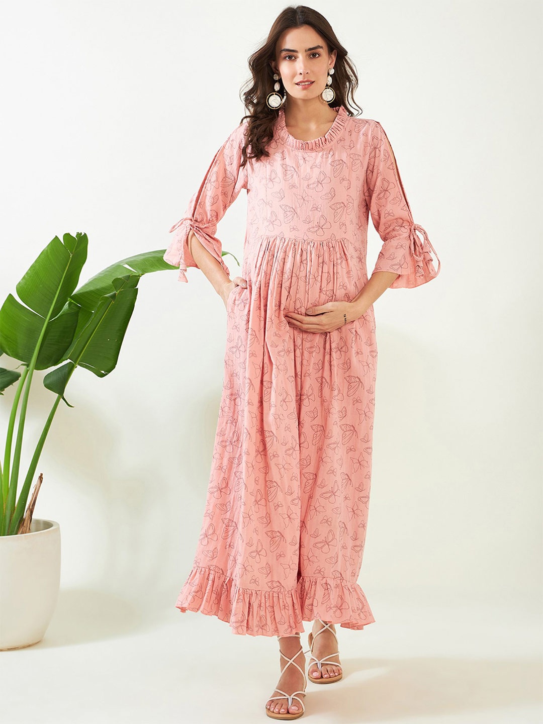 

The Kaftan Company Graphic Printed Maternity Pure Cotton A-Line Nightdress, Pink