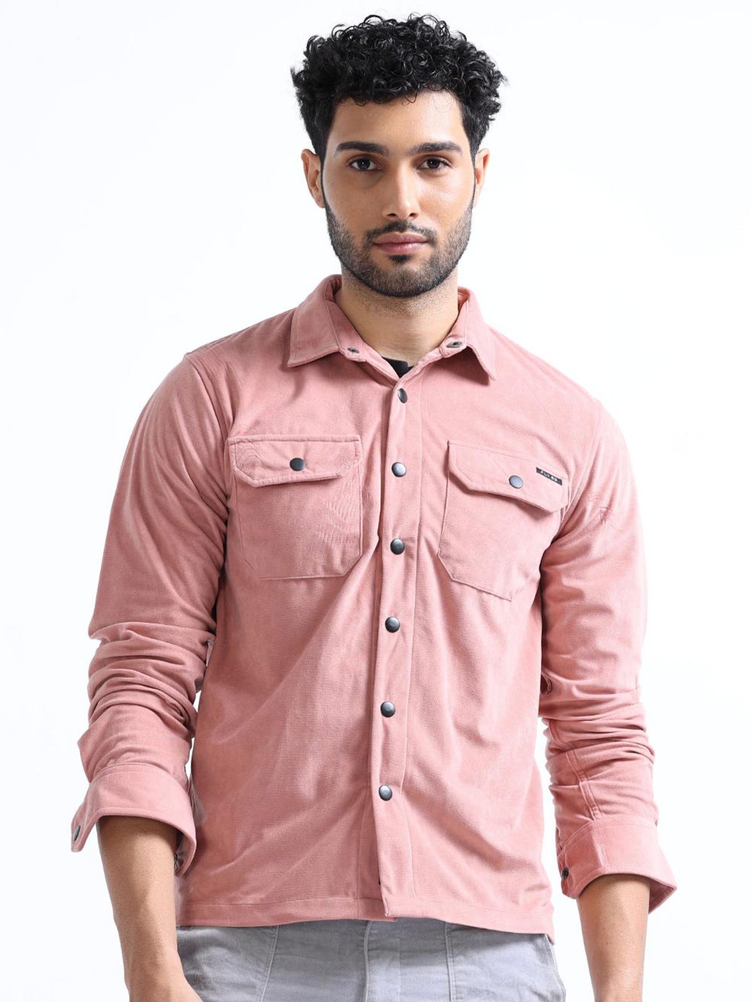 

FLY 69 Premium Slim Fit Spread Collar Cotton Velvet Casual Shirt, Pink