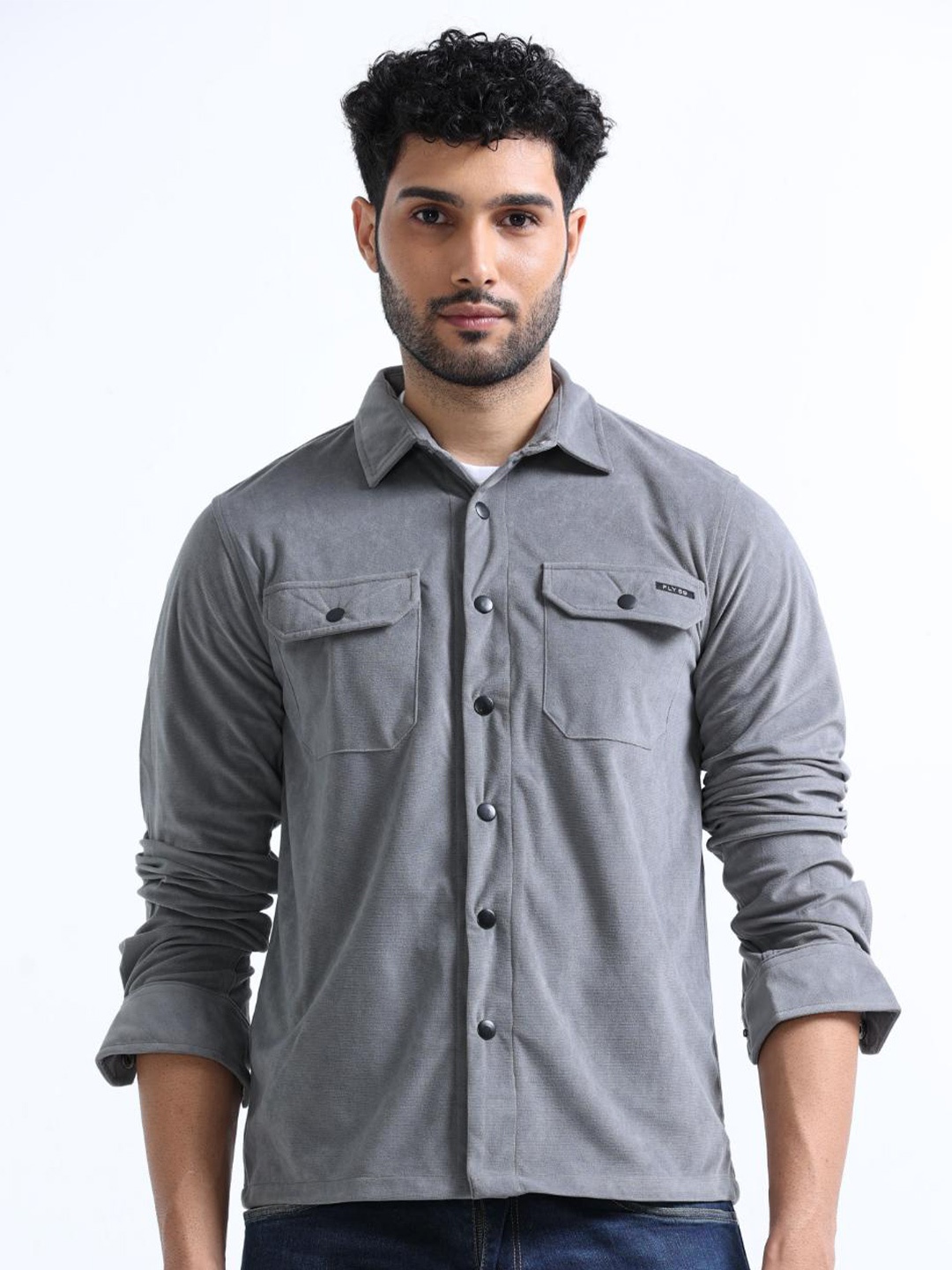

FLY 69 Premium Slim Fit Spread Collar Velvet Shacket, Grey