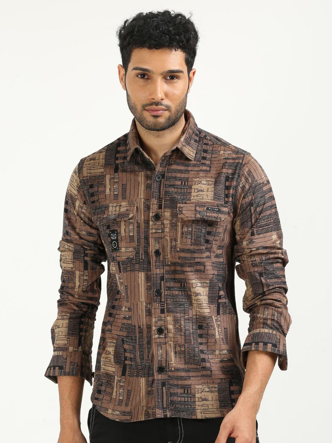 

FLY 69 Premium Slim Fit Geometric Printed Spread Collar Cotton Corduroy Casual Shirt, Brown