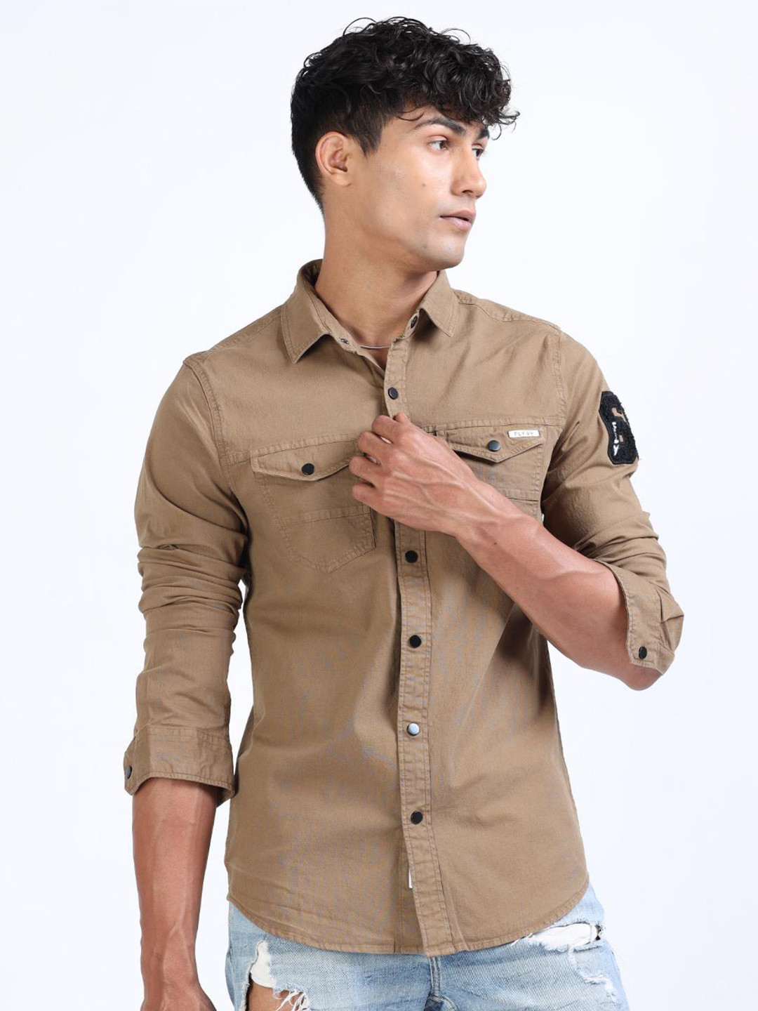 

FLY 69 Premium Slim Fit Spread Collar Casual Shirt, Brown