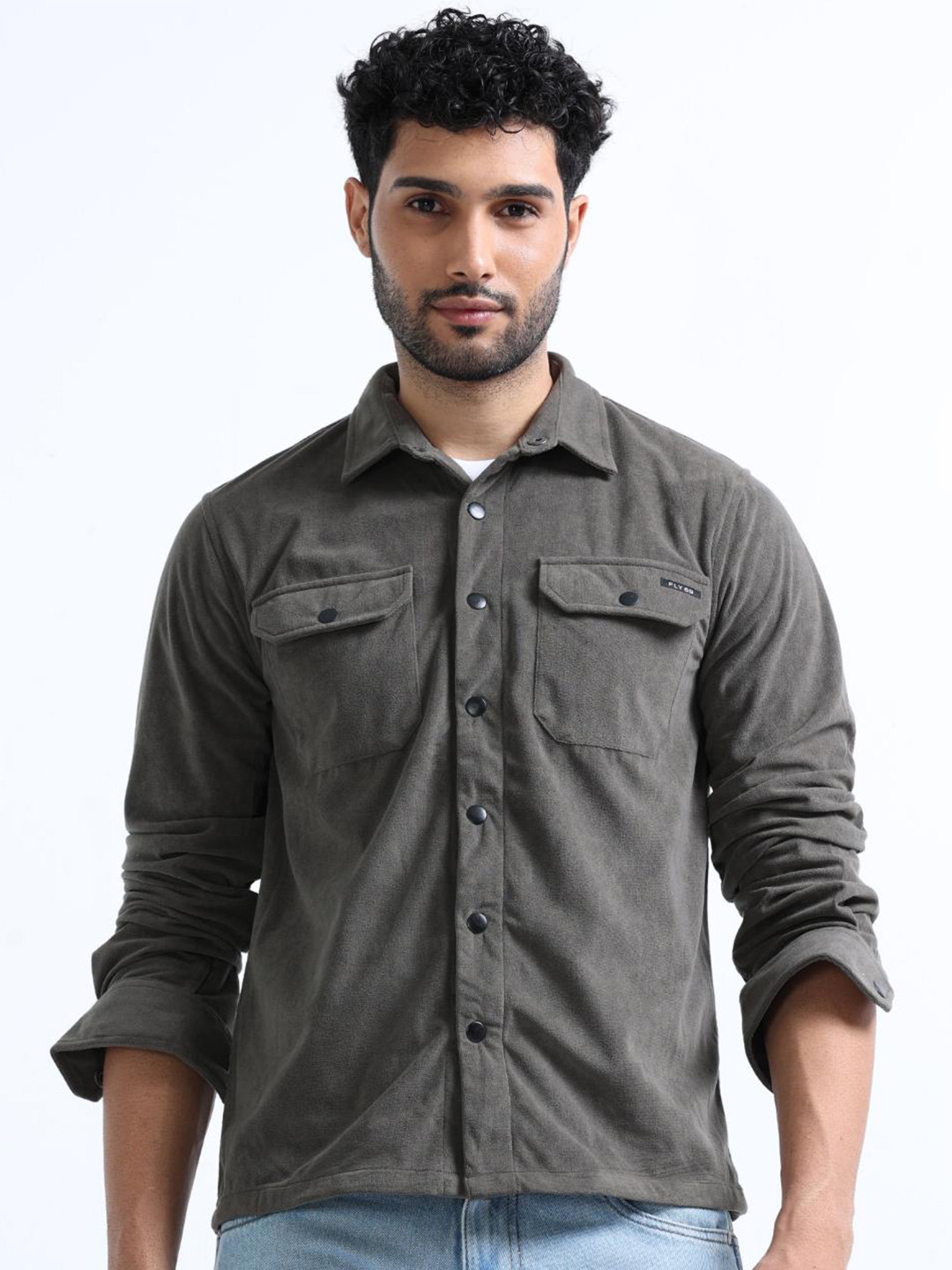 

FLY 69 Premium Slim Fit Spread Collar Velvet Shacket, Green