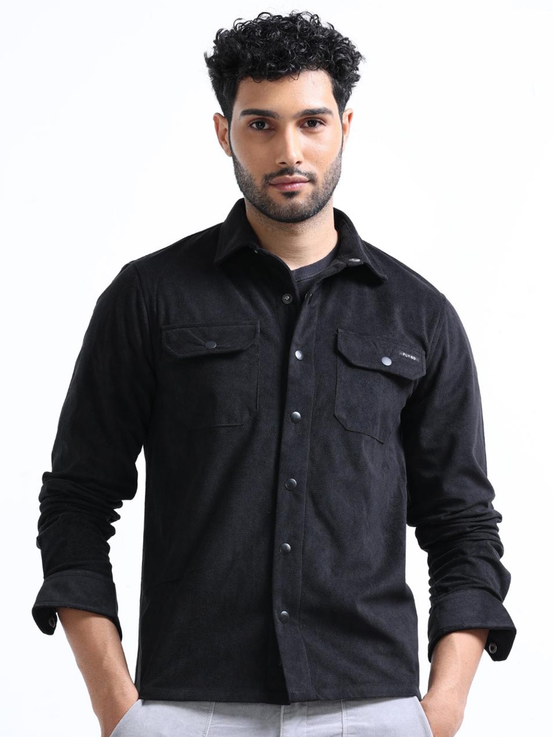

FLY 69 Premium Slim Fit Spread Collar Velvet Shacket, Black