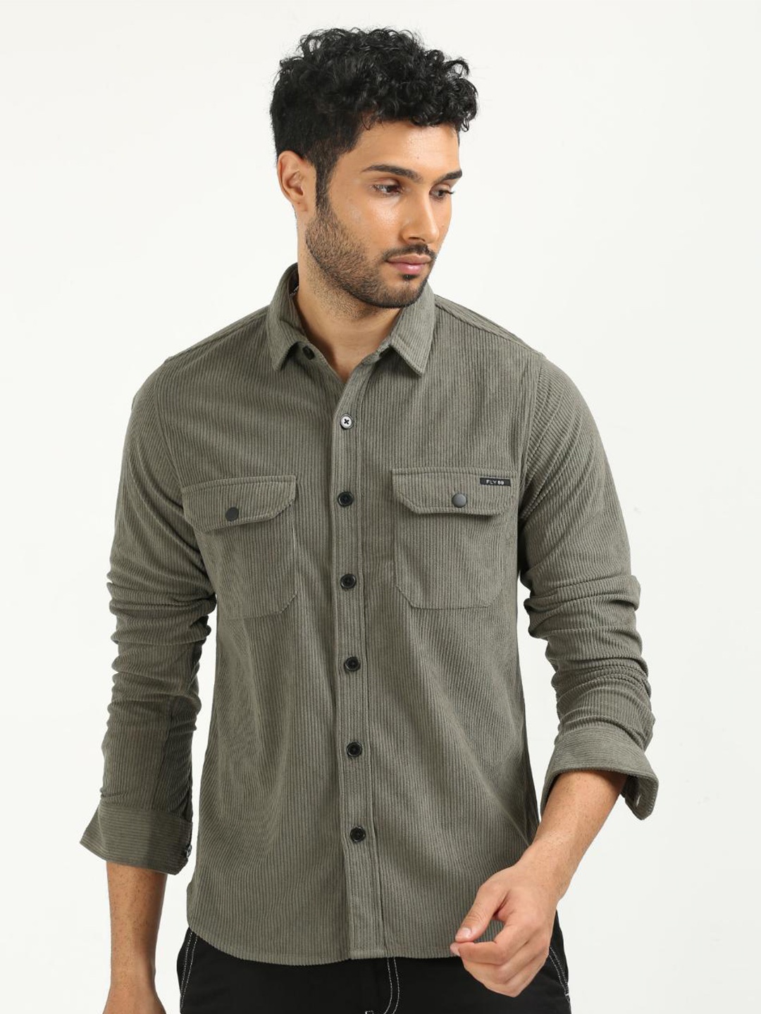 

FLY 69 Premium Slim Fit Corduroy Weave Pure Cotton Shacket, Olive