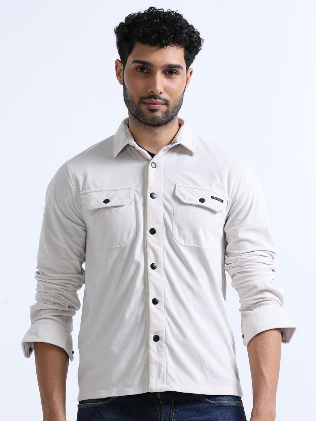 

FLY 69 Premium Slim Fit Spread Collar Cotton Velvet Casual Shirt, Cream