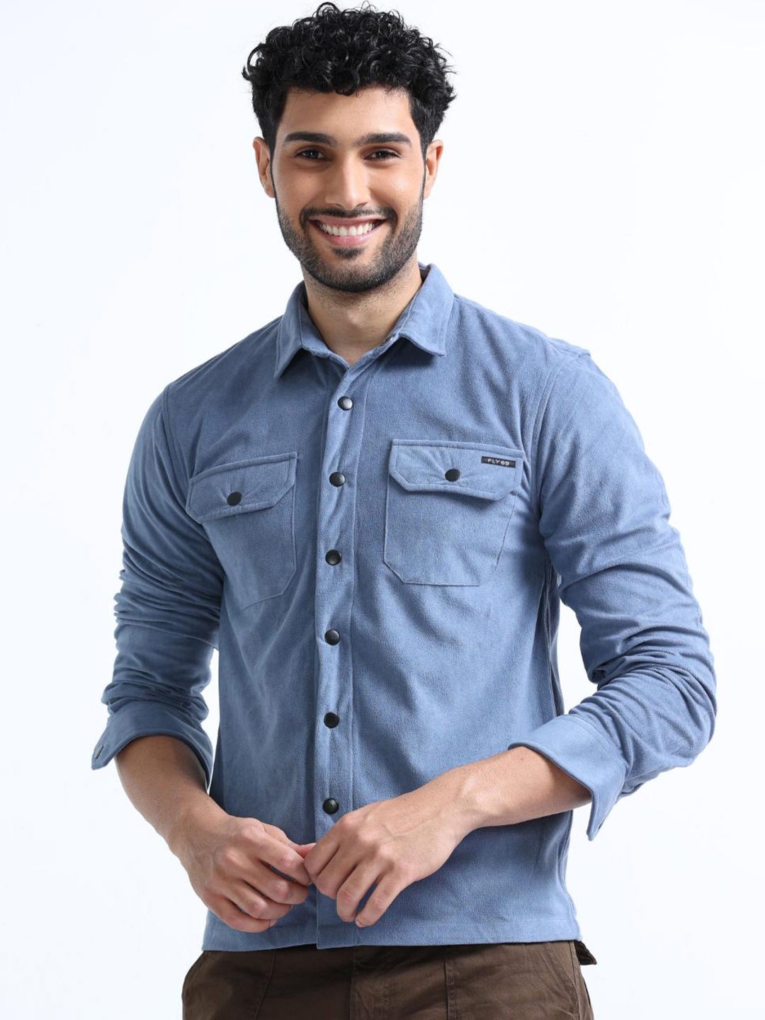 

FLY 69 Premium Slim Fit Spread Collar Cotton Velvet Casual Shirt, Blue