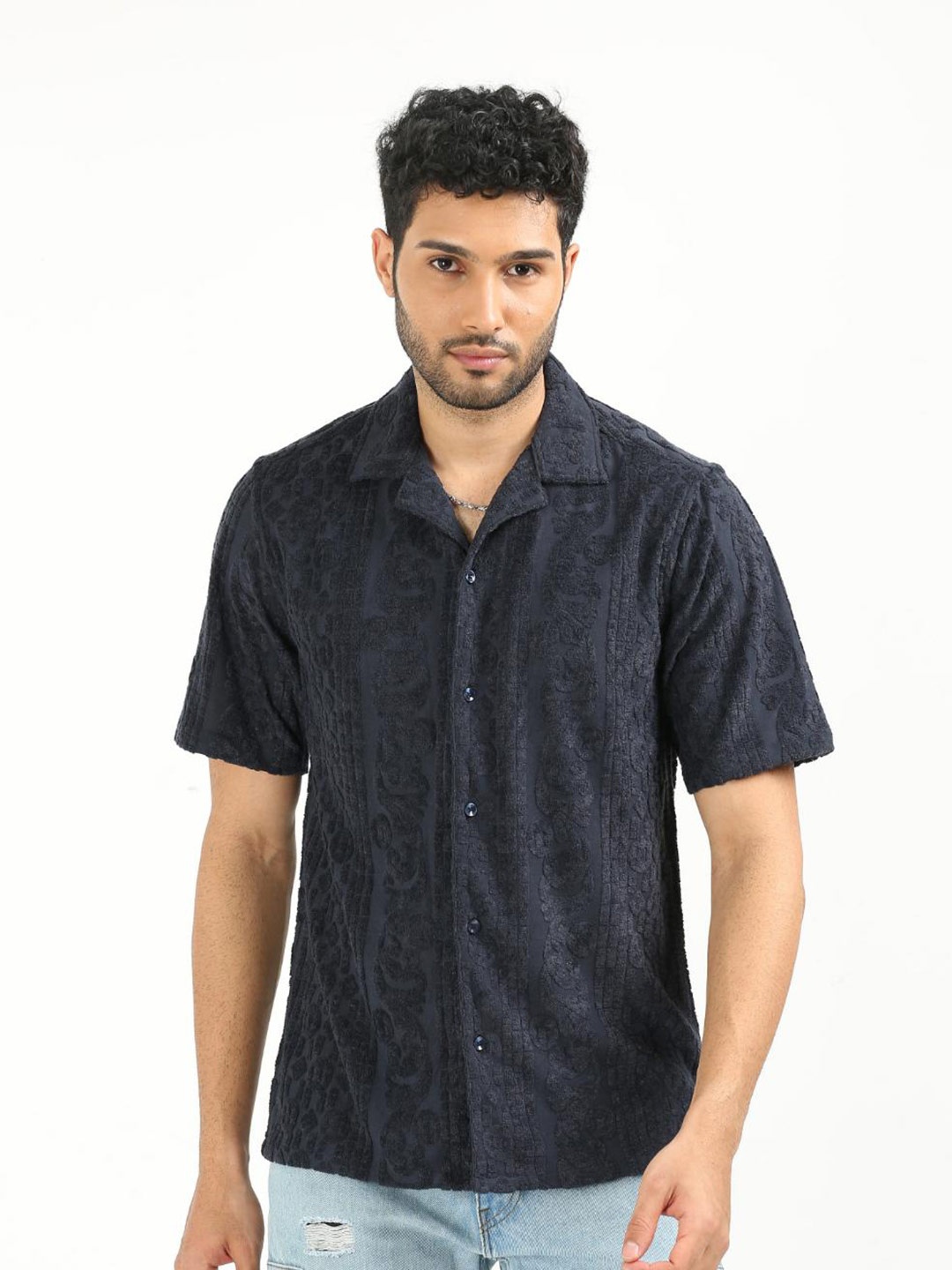 

FLY 69 Premium Slim Fit Textured Self Design Cutaway Collar Casual Shirt, Blue