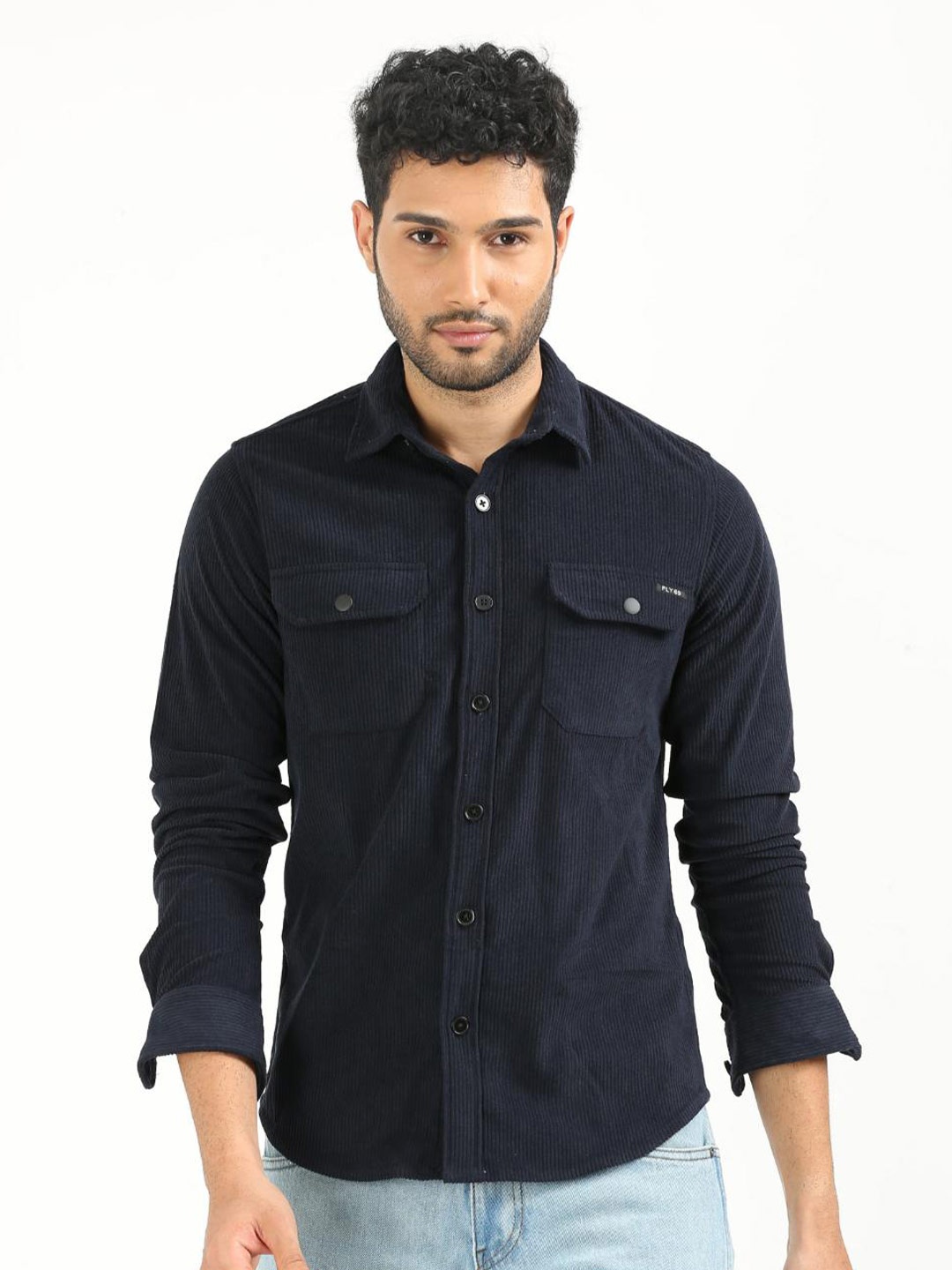 

FLY 69 Premium Slim Fit Spread Collar Corduroy Cotton Casual Shirt, Navy blue