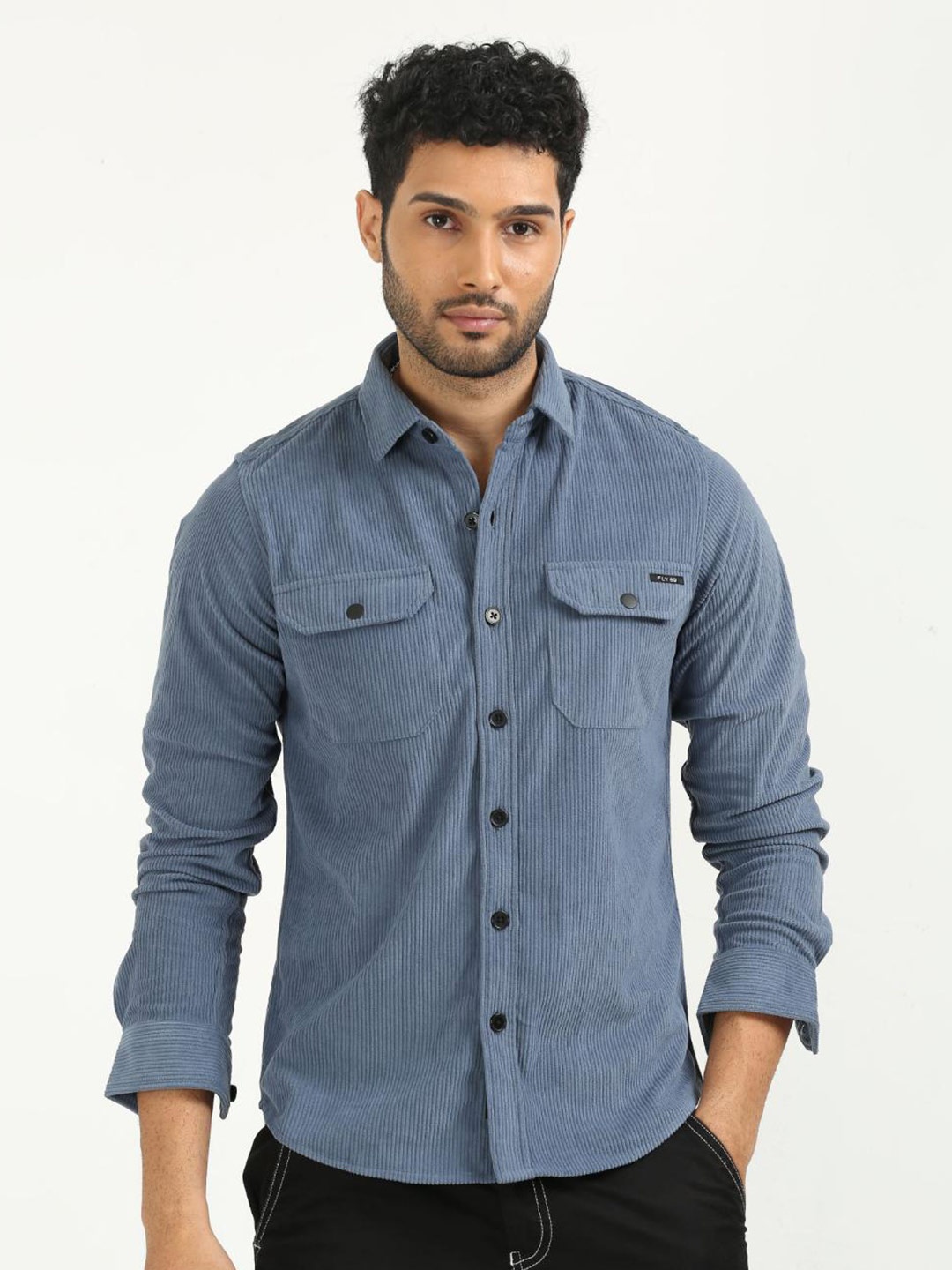 

FLY 69 Premium Slim Fit Spread Collar Cotton Velvet Casual Shirt, Blue