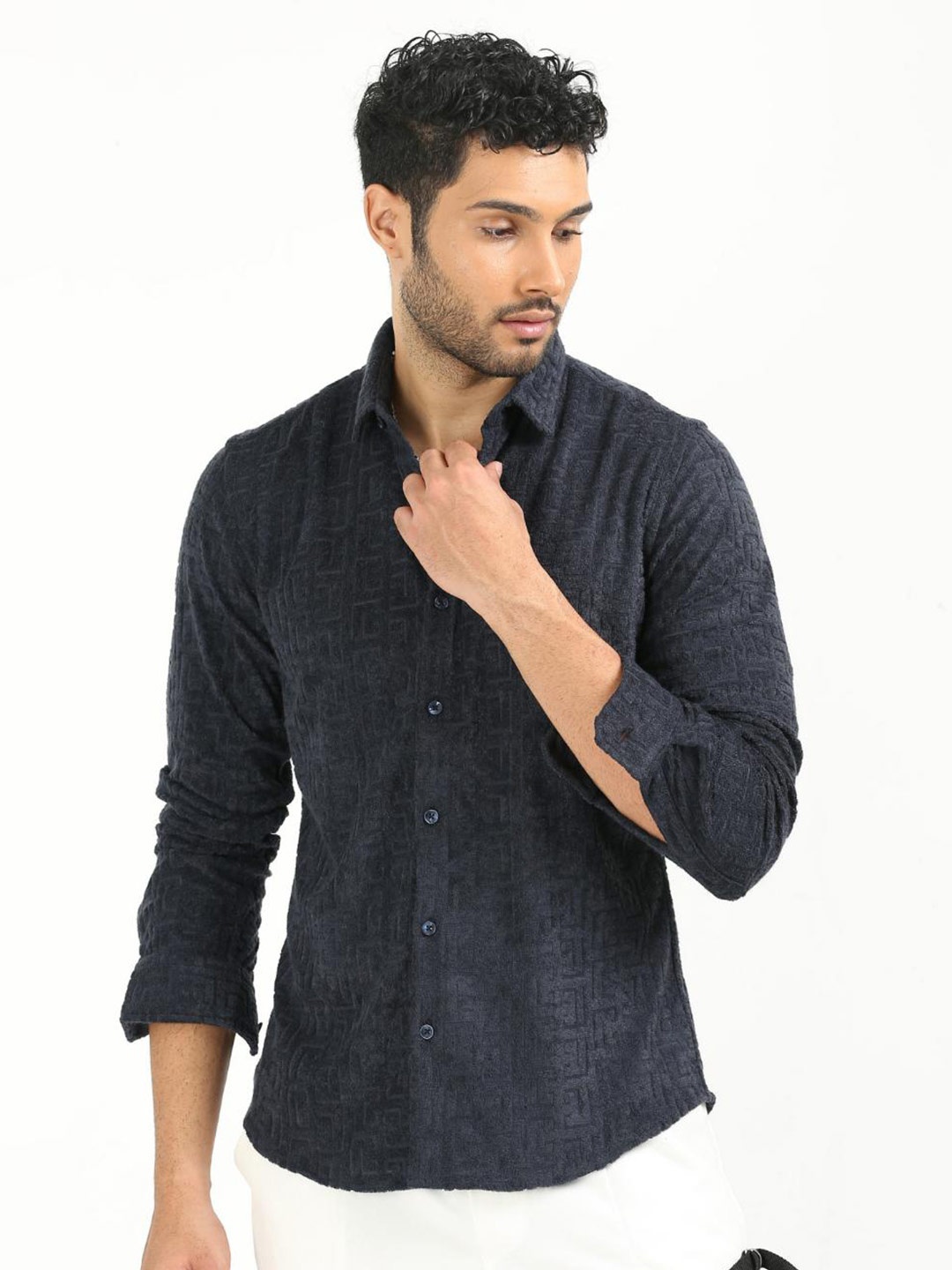 

FLY 69 Premium Slim Fit Textured Self Design Casual Shirt, Blue