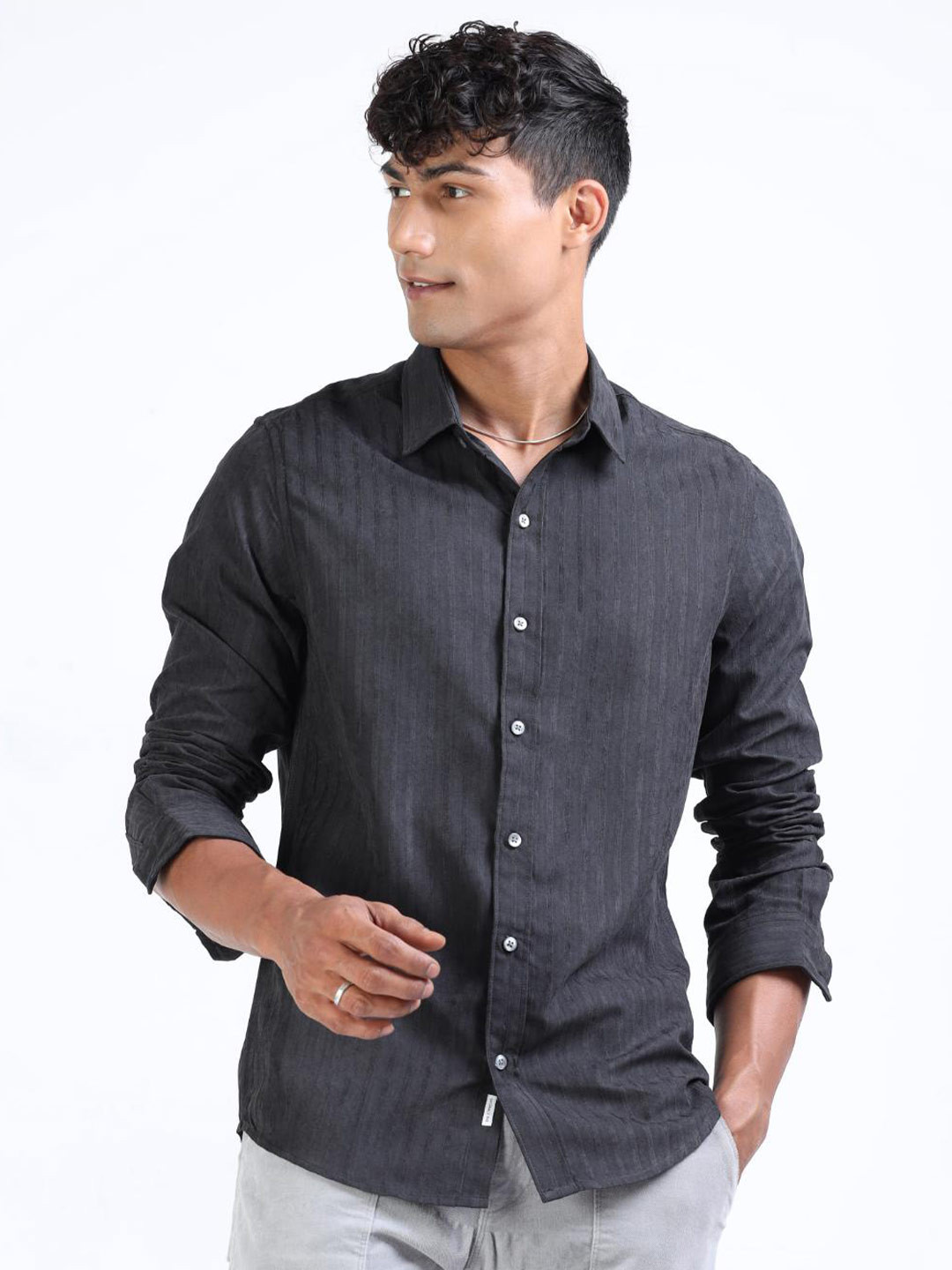 

FLY 69 Premium Slim Fit Vertical Striped Spread Collar Casual Shirt, Grey