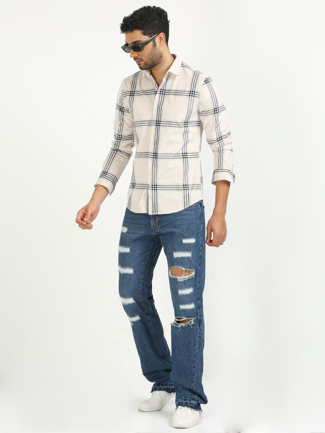 

FLY 69 Premium Slim Fit Tartan Checked Corduroy Cotton Casual Shirt, Beige