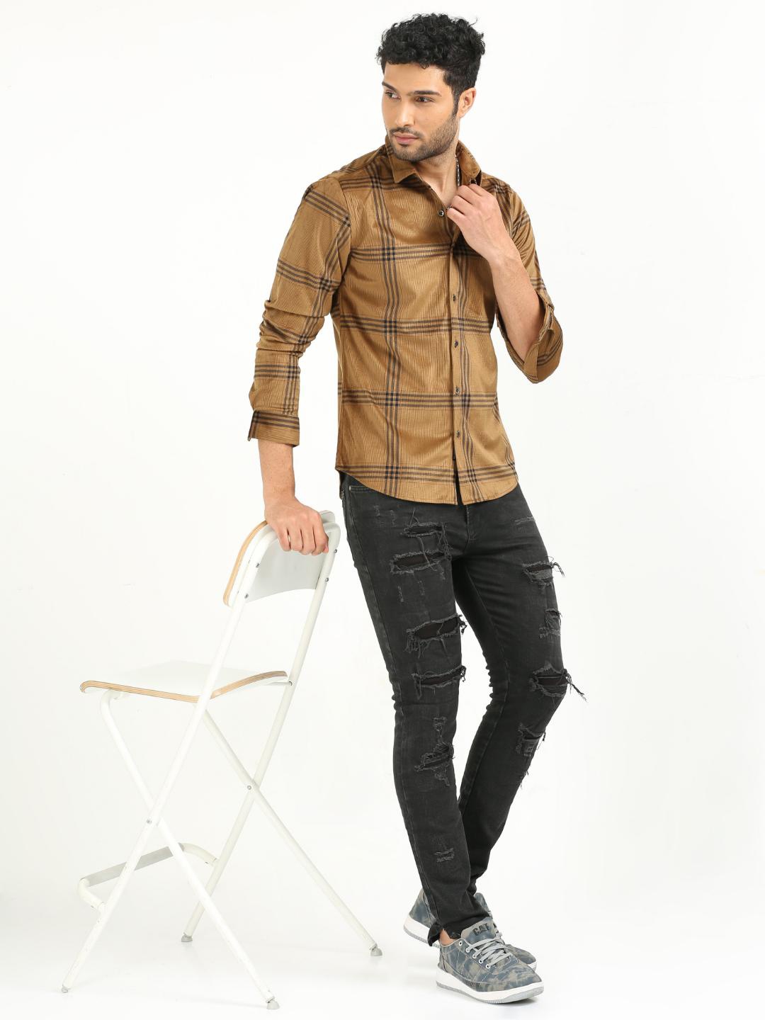 

FLY 69 Spread Collar Premium Slim Fit Checked Corduroy Casual Shirt, Brown