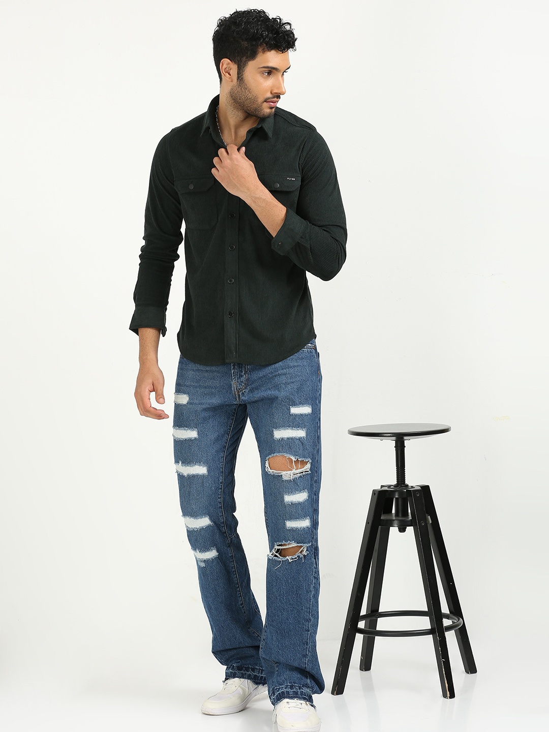 

FLY 69 Premium Slim Fit Spread Collar Cotton Corduroy Casual Shirt, Green