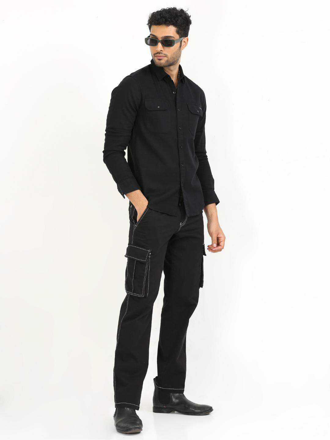 

FLY 69 Premium Slim Fit Spread Collar Linen Casual Shirt, Black