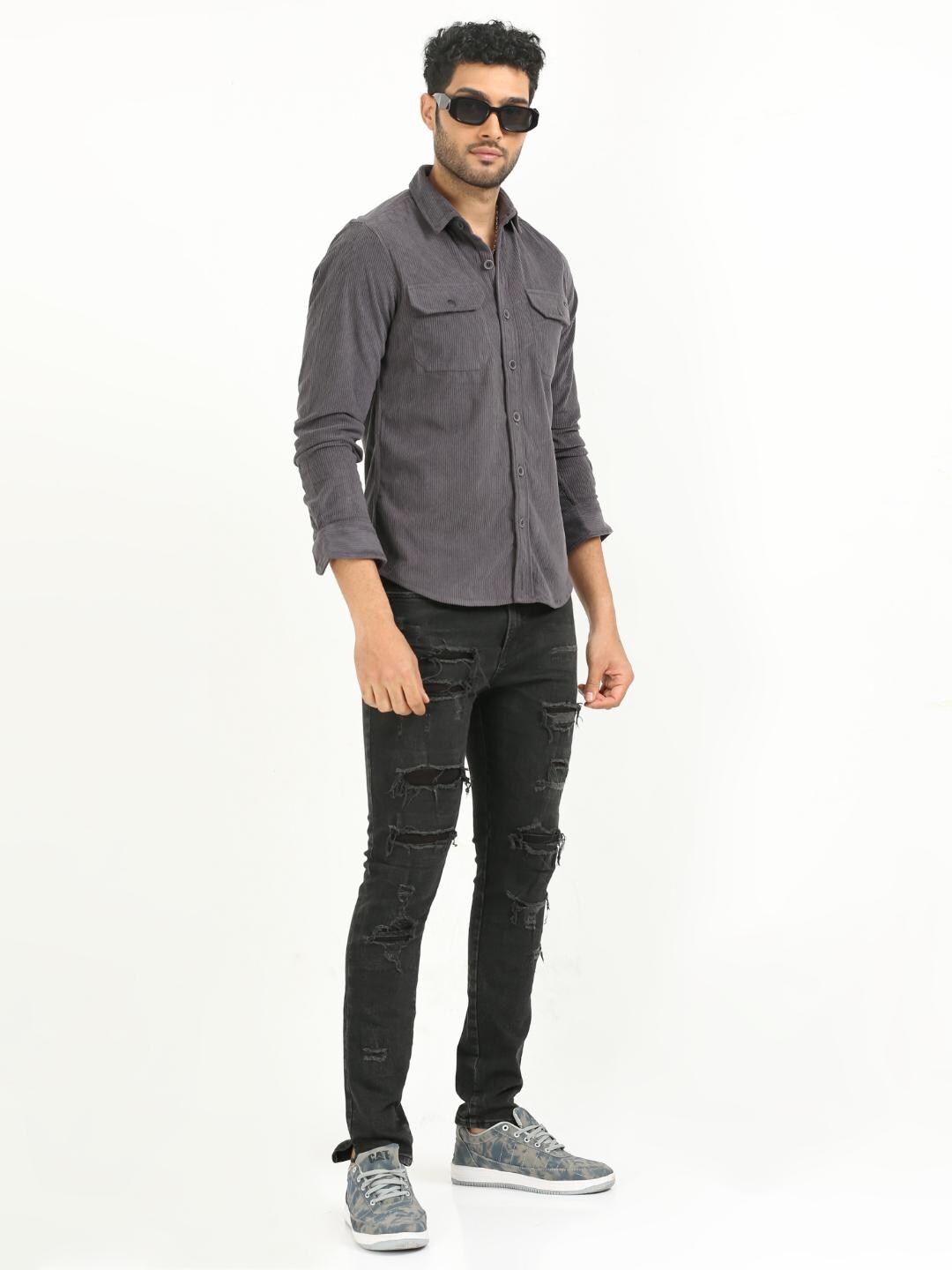 

FLY 69 Premium Slim Fit Spread Collar Cotton Corduroy Casual Shirt, Grey
