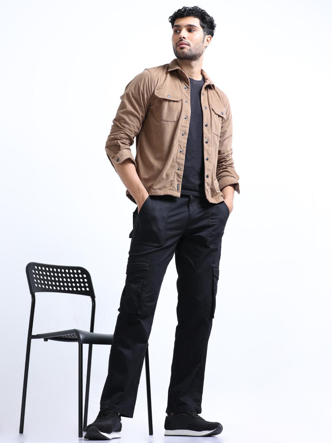 

FLY 69 Premium Slim Fit Spread Collar Cotton Velvet Casual Shirt, Brown