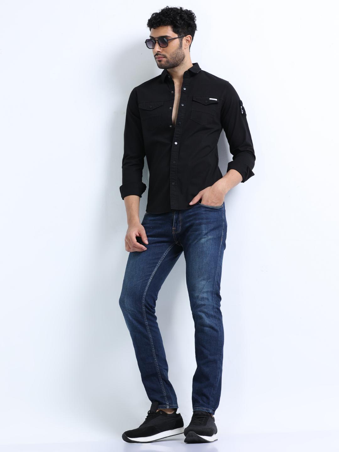 

FLY 69 Premium Slim Fit Spread Collar Casual Shirt, Black