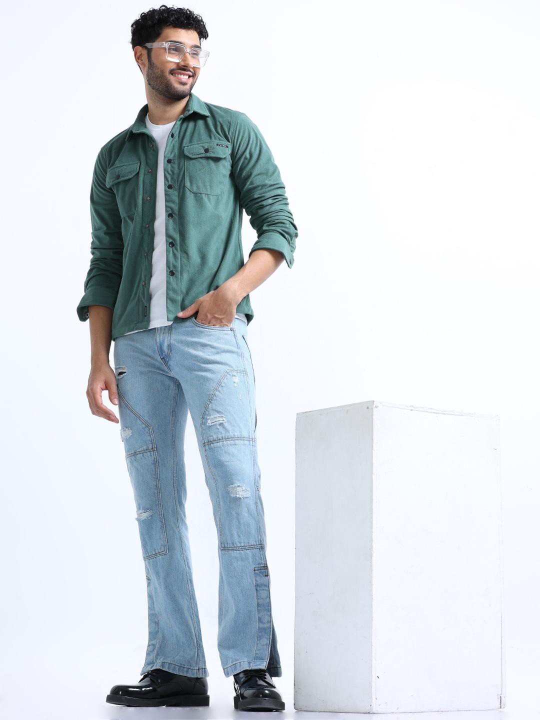 

FLY 69 Premium Slim Fit Pure Cotton Shacket, Green