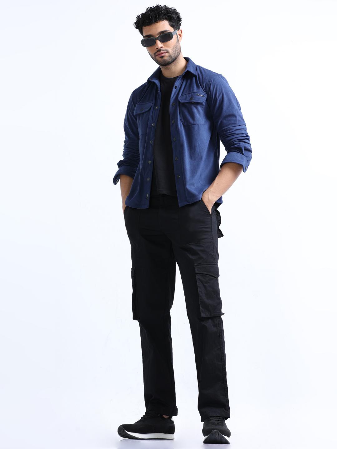 

FLY 69 Premium Slim Fit Spread Collar Cotton Velvet Casual Shirt, Blue