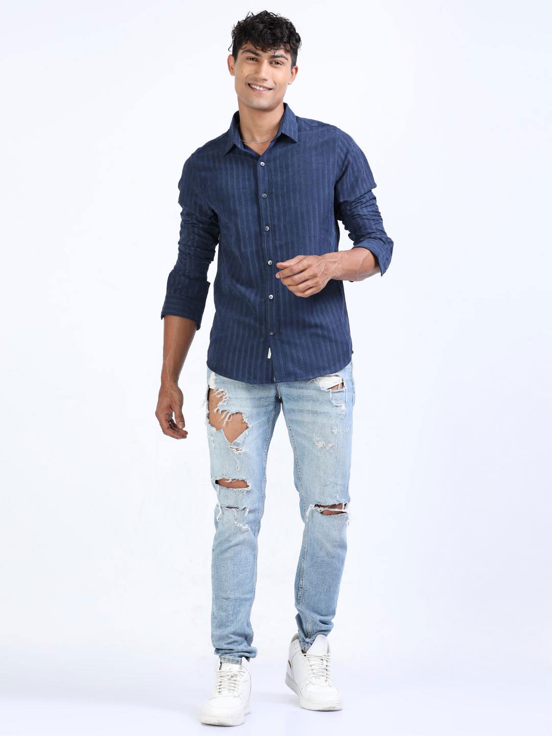 

FLY 69 Premium Slim Fit Vertical Checked Casual Shirt, Blue