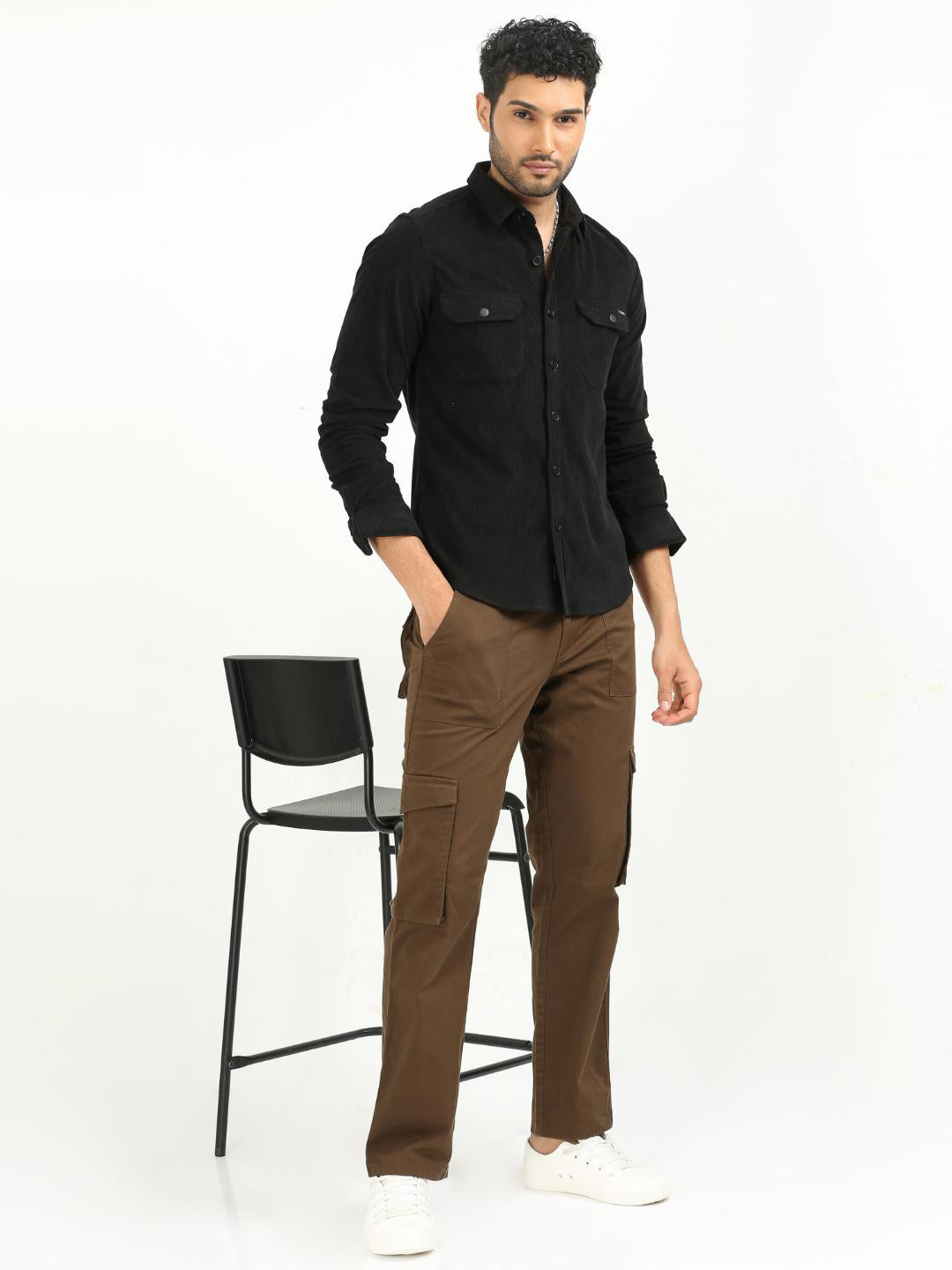 

FLY 69 Premium Slim Fit Spread Collar Corduroy Cotton Casual Shirt, Black