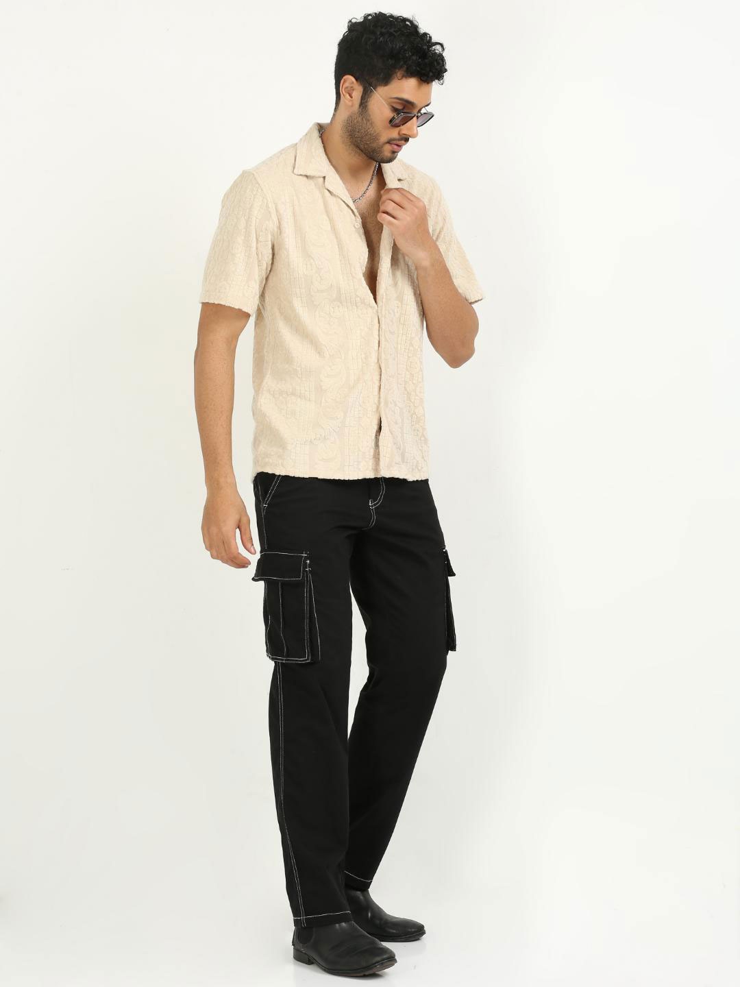 

FLY 69 Premium Slim Fit Textured Self Design Cutaway Collar Casual Shirt, Beige