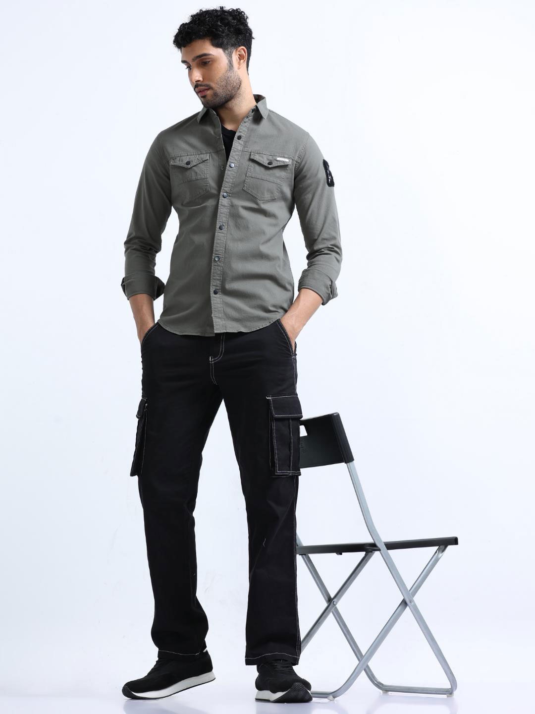 

FLY 69 Premium Slim Fit Spread Collar Casual Shirt, Grey
