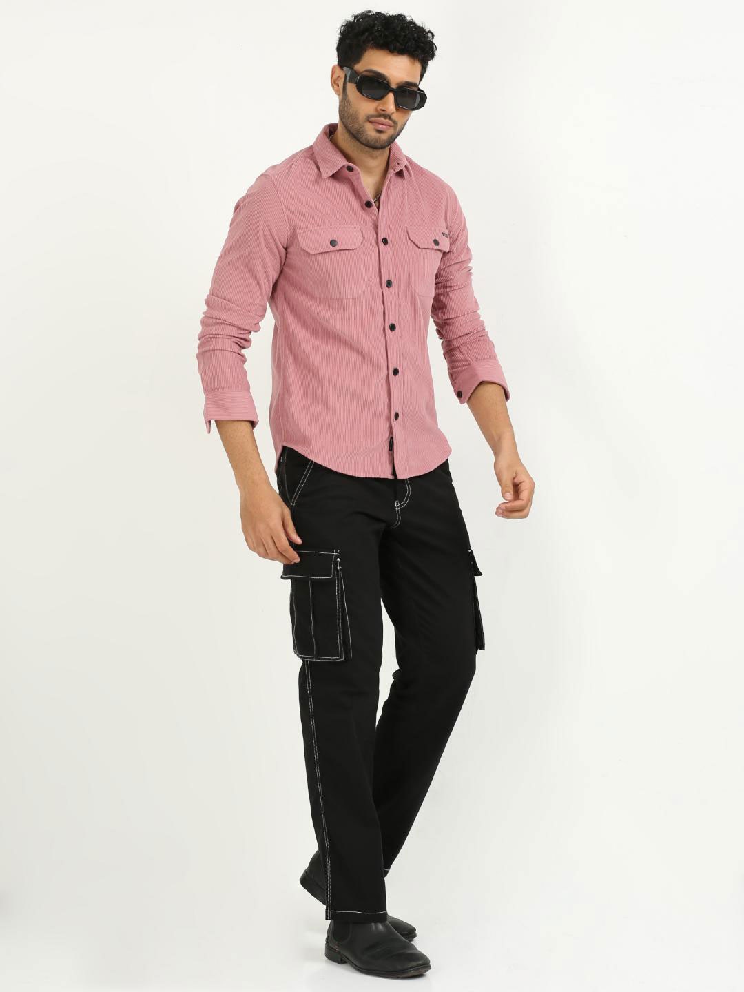 

FLY 69 Premium Slim Fit Spread Collar Corduroy Cotton Casual Shirt, Pink